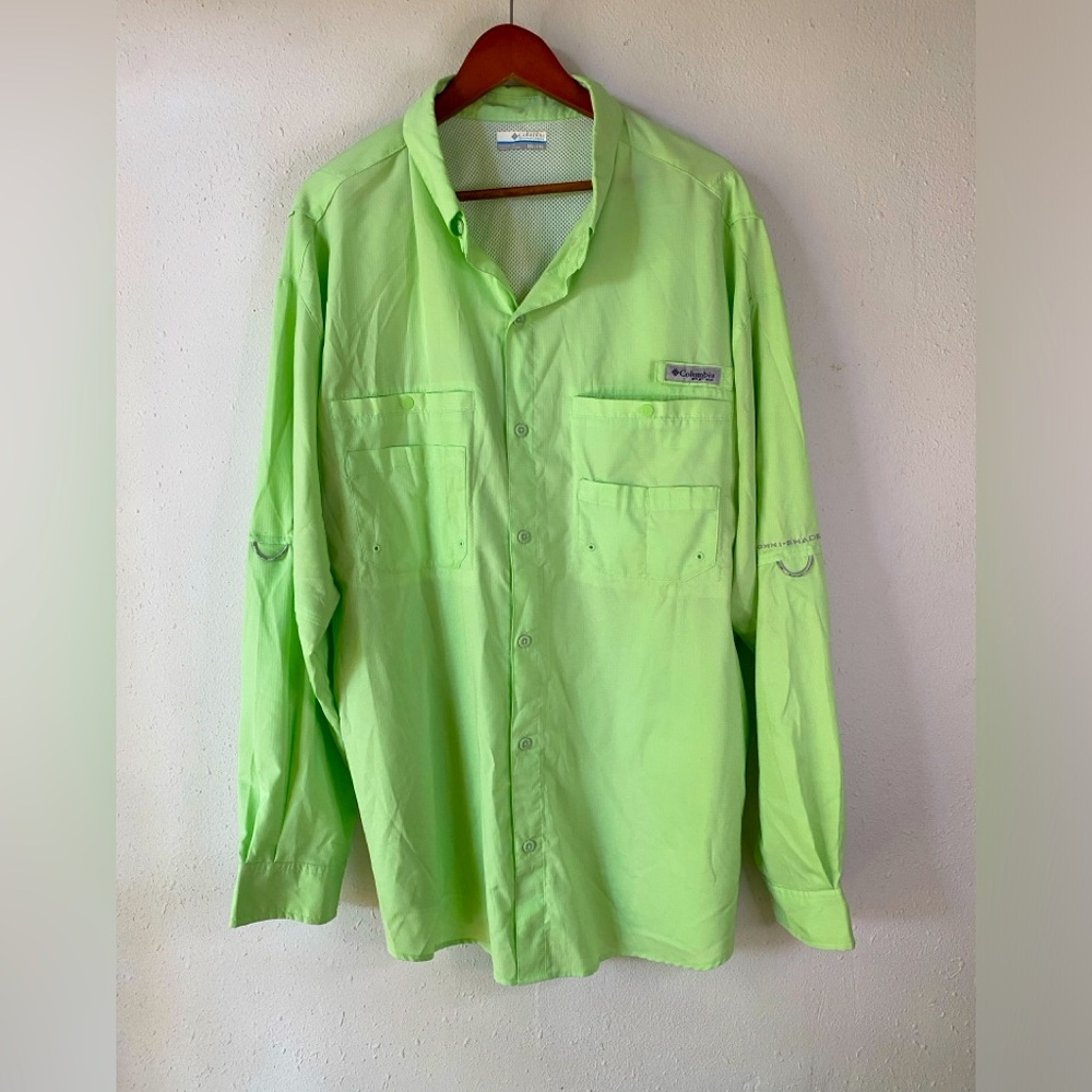 Columbia PFG Bright Green Button Down Long Sleeve Shirt Roll Tab Utility Mens 2X
